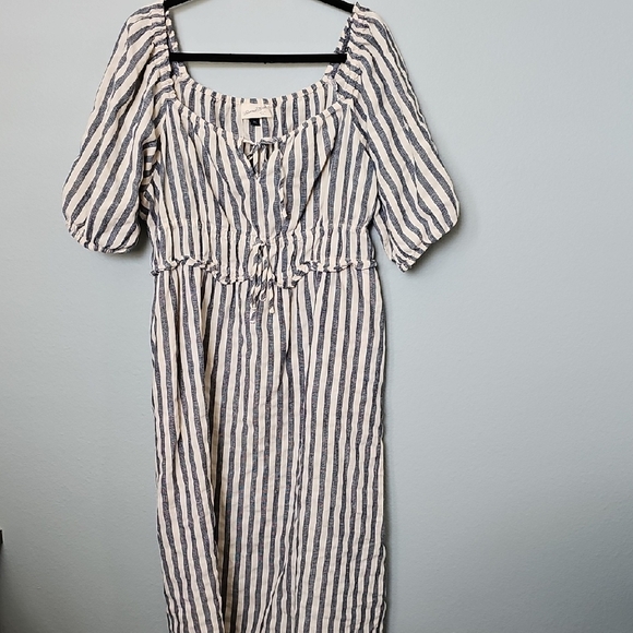 Universal Thread Navy White Linen Blend Milk maid Striped Puff Sleeve Dress XXL - Picture 2 of 14